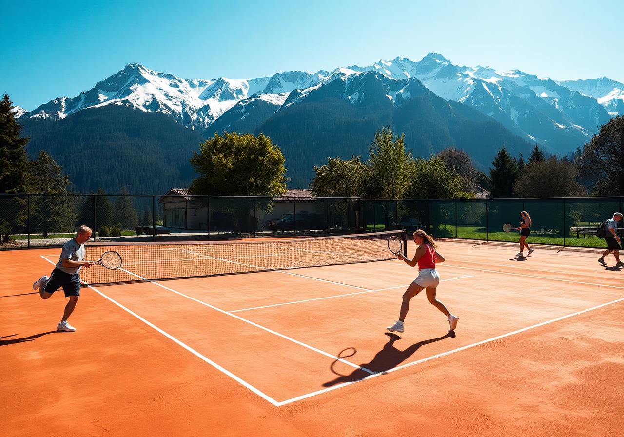 Tennis court facing snowy peaks