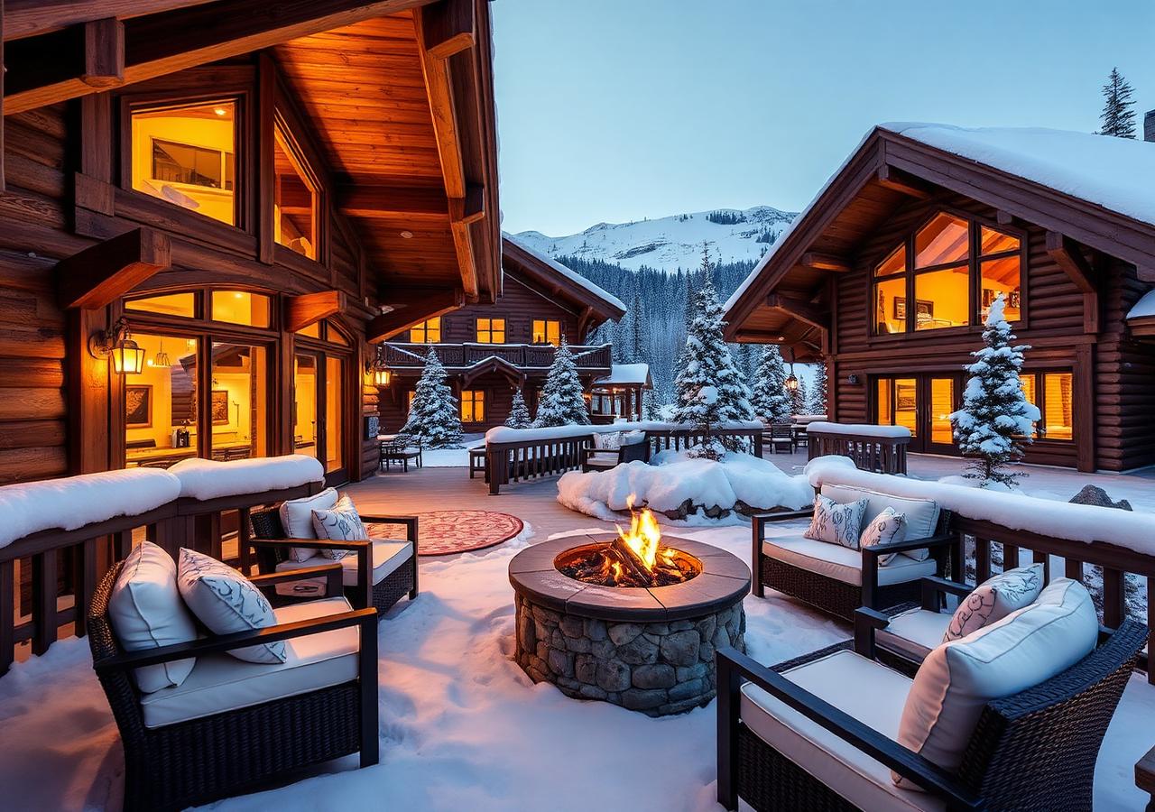 Snowy chalet terrace with outdoor fire