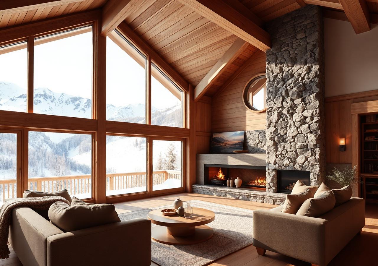 Warm chalet lounge facing snowy peaks